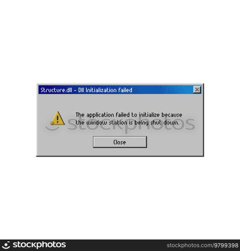 Error window message, computer system warning on dll initialization failed, vector PC alert screen. Application initialization error popup window message with shut down or crash notification. Error window message, dll initialization failed