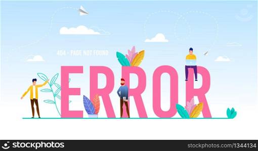 Error Word Capital Letters and Tiny People Users. Flat Poster with Sky, clouds, leaves Decoration. Cartoon Men Using Laptop, Social Media for Messaging. Disconnect, Page not Found. Vector Illustration. Error Word Capital Letters and Tiny People Users
