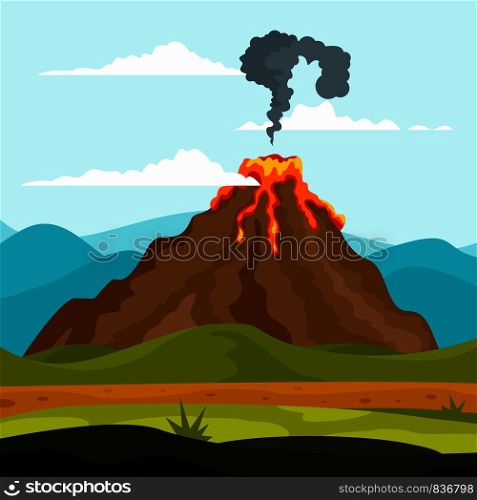 Eruption of volcano background. Flat illustration of eruption of volcano vector background for web design. Eruption of volcano background, flat style