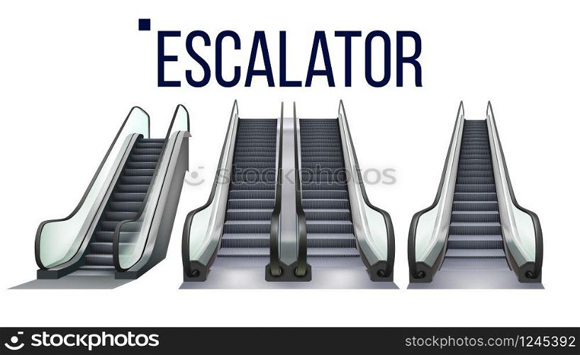 Escalator Stairway Electronic Equipment Set Vector. Collection Of Different Type Escalator For Transportation Human On Next Storey. Moving Ramp Stairs Concept Layout Realistic 3d Illustrations. Escalator Stairway Electronic Equipment Set Vector