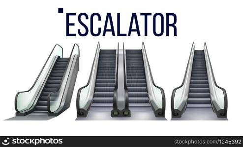 Escalator Stairway Electronic Equipment Set Vector. Collection Of Different Type Escalator For Transportation Human On Next Storey. Moving Ramp Stairs Concept Layout Realistic 3d Illustrations. Escalator Stairway Electronic Equipment Set Vector