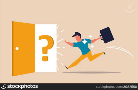 Escape door and leaving exit for building. Quit work and chance emergency job to man vector illustration concept. Help career and office opportunity. Freedom direction and away running people