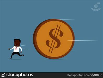 Escape from debts, inflation or financial crisis concept design. Scared businessman running away from huge golden dollar coin. Businessman running away from huge golden coin