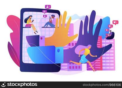 Escape from social media addiction. Device-free lifestyle choice. How to overcome digital overload, employee wellbeing, digital revolution concept. Bright vibrant violet vector isolated illustration. Digital overload concept vector illustration
