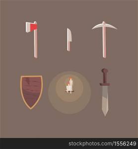 Escape room accessories semi flat RGB color vector illustrations set. Axe, shield, knife, burning candles, pickaxe and sword isolated cartoon objects on brown background. Quest room equipment pack. Escape room accessories semi flat RGB color vector illustrations set