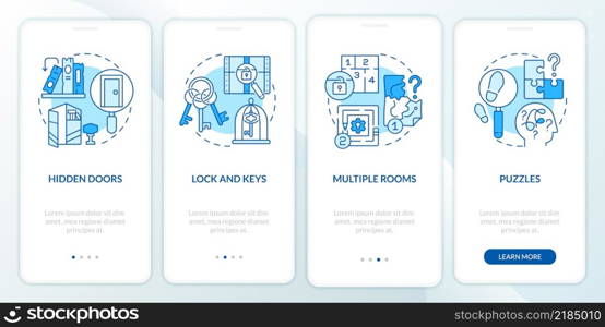 Escape room attributes blue onboarding mobile app screen. Puzzles walkthrough 4 steps graphic instructions pages with linear concepts. UI, UX, GUI template. Myriad Pro-Bold, Regular fonts used. Escape room attributes blue onboarding mobile app screen