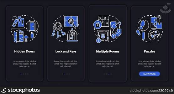 Escape room attributes night mode onboarding mobile app screen. Walkthrough 4 steps graphic instructions pages with linear concepts. UI, UX, GUI template. Myriad Pro-Bold, Regular fonts used. Escape room attributes night mode onboarding mobile app screen