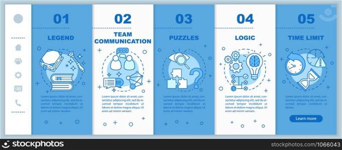 Escape room blue onboarding mobile web pages vector template. Quest game. Responsive smartphone website interface idea with linear illustrations. Webpage walkthrough step screens. Color concept