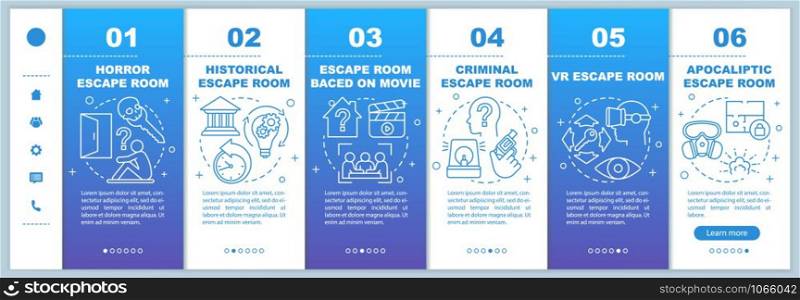 Escape room blue onboarding mobile web pages vector template. Quest types. Responsive smartphone website interface idea with linear illustrations. Webpage walkthrough step screens. Color concept