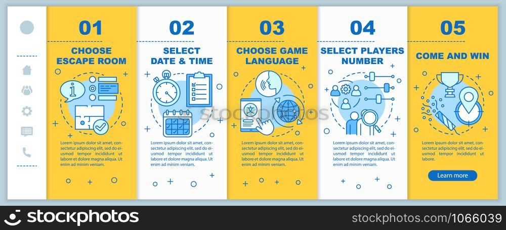 Escape room booking yellow onboarding mobile web pages vector template. Choose quest. Responsive website interface idea with linear illustrations. Webpage walkthrough step screens. Color concept