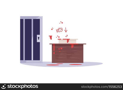 Escape room challenge semi flat RGB color vector illustration. Closed door and creepy hint isolated cartoon object on white background. Prison break, thriller themed exit finding quest. Escape room challenge semi flat RGB color vector illustration