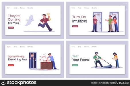 Escape room landing page vector templates set. Turn on intuition, website interface idea with flat illustrations. Test your fears homepage layout. Quest room web banner, webpage cartoon concept