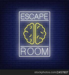 Escape room neon sign. Text and brain in frame on brick wall background. Glowing banner or billboard elements. Vector illustration in neon style for posters, flyers, signboards