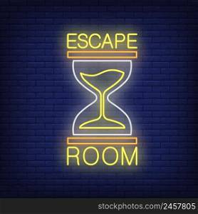 Escape room neon sign. Text and sandglass on brick wall background. Glowing banner or billboard elements. Vector illustration in neon style for posters, flyers, signboards