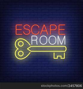 Escape room neon sign. Vintage key and text on brick wall background. Glowing banner or billboard elements. Vector illustration in neon style for topics like quest, escape room, game