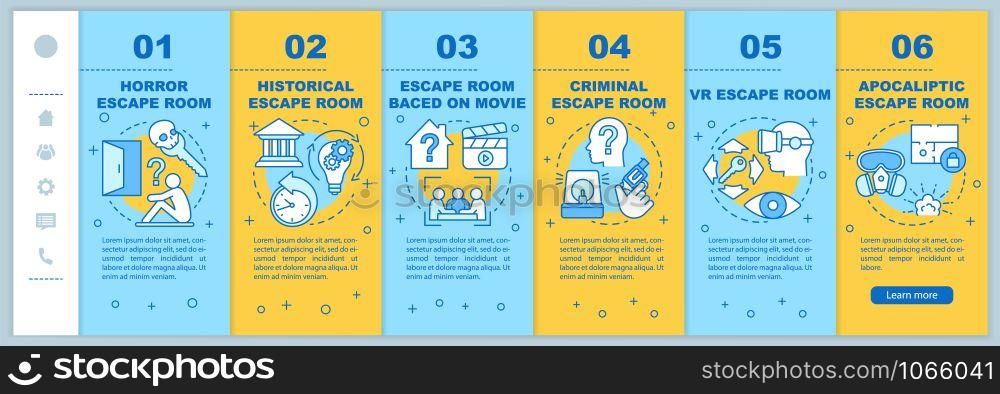 Escape room onboarding mobile web pages vector template. Quest types. Responsive smartphone website interface idea with linear illustrations. Webpage walkthrough step screens. Color concept