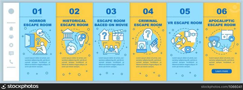 Escape room onboarding mobile web pages vector template. Quest types. Responsive smartphone website interface idea with linear illustrations. Webpage walkthrough step screens. Color concept