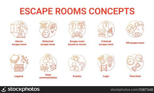 Escape room red gradient concept icons set. Quest types idea thin line illustration. Strategy logical game collection. Puzzles and riddles solving pack. Vector isolated outline drawing