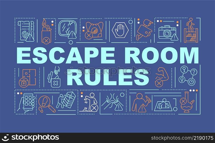 Escape room regulations and prohibitions word concepts dark blue banner. Infographics with icons on color background. Isolated typography. Vector illustration with text. Arial-Black font used. Escape room regulations and prohibitions word concepts dark blue banner