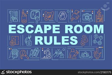 Escape room regulations and prohibitions word concepts dark blue banner. Infographics with icons on color background. Isolated typography. Vector illustration with text. Arial-Black font used. Escape room regulations and prohibitions word concepts dark blue banner