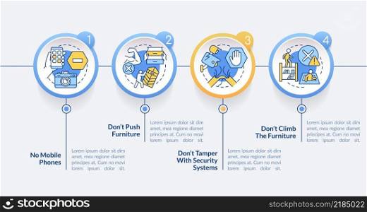 Escape room safety precautions circle infographic template. No phones. Data visualization with 4 steps. Process timeline info chart. Workflow layout with line icons. Lato-Bold, Regular fonts used. Escape room safety precautions circle infographic template