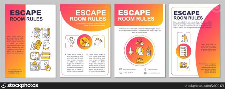 Escape room safety regulations red gradient brochure template. Leaflet design with linear icons. 4 vector layouts for presentation, annual reports. Arial, Myriad Pro-Regular fonts used. Escape room safety regulations red gradient brochure template