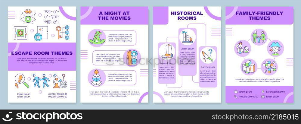 Escape room themes purple brochure template. Night at movies. Leaflet design with linear icons. 4 vector layouts for presentation, annual reports. Arial-Black, Myriad Pro-Regular fonts used. Escape room themes purple brochure template