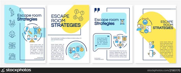 Escape room winning strategies blue and yellow brochure template. Solve riddles. Leaflet design with linear icons. 4 vector layouts for presentation, annual reports. Questrial, Lato-Regular fonts used. Escape room winning strategies blue and yellow brochure template