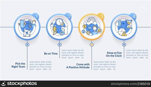 Escape room winning strategies circle infographic template. Positive mood. Data visualization with 4 steps. Process timeline info chart. Workflow layout with line icons. Lato-Bold, Regular fonts used. Escape room winning strategies circle infographic template