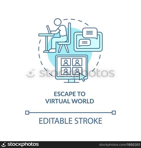 Escape to virtual world blue concept icon. Virtual reality abstract idea thin line illustration. Gadget addiction. Happiness mindset obstacle. Vector isolated outline color drawing. Editable stroke. Escape to virtual world blue concept icon