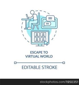 Escape to virtual world blue concept icon. Virtual reality abstract idea thin line illustration. Gadget addiction. Happiness mindset obstacle. Vector isolated outline color drawing. Editable stroke. Escape to virtual world blue concept icon