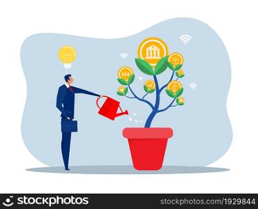 ESG or ecology problem concept; businessman leader watering seedling growth invest concept vector illustrator