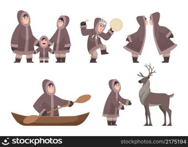 Eskimo characters. Traditional ethnic authentic characters cold alaska family exact vector cartoon happy people isolated. Illustration character eskimo, ethnic traditional people. Eskimo characters. Traditional ethnic authentic characters cold alaska family exact vector cartoon happy people isolated