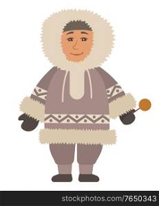 Eskimo man standing alone. Indigenous north guy with lollypop in hands and in warm clothes like coat, gloves and boots. Arctic person isolated on white background. Vector illustration in flat style. Eskimo Man Standing Alone, Isolated Arctic Person