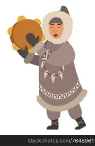 Eskimo singing songs and playing traditional national musical instrument. Isolated inuit wearing thick jacket and necklace made of fangs. Northern person with cultural customs. Vector in flat style. Inuit Person with Musical Instrument Sings Vector