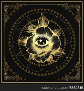 Esoteric Emblem of All seeing Eye in a Rose Flower  Emblem on Black Background. Vector illustration