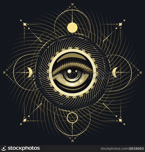 Esoteric emblem of ll seeing Eye on Sacred geometry Background isolated on black background. Vector illustration.