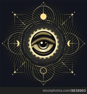 Esoteric emblem of ll seeing Eye on Sacred geometry Background isolated on black background. Vector illustration.
