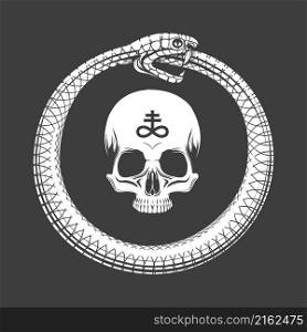 Esoteric Emblem of Ouroboros Snake and skull inside isolated on black. Vector illustration.