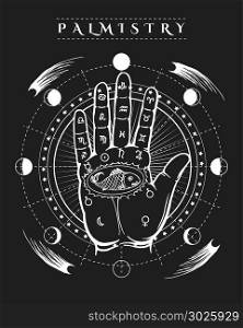 Esoteric human hand fish tattoo poster. Esoteric prophecy poster. Occult human hand fish tattoo and palmistry etching symbols vector illustration