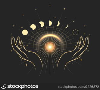 Esoteric Illustration  of Magic Hands and Moon Phases isolated on black background. Vector illustration.