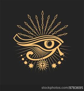Esoteric magic symbol Horus eye egyptian occult sign. Vector eye of Ra, Egypt cross, sun rays and stars isolated on black. Alchemy and witchcraft talisman. Occult esoteric sign ancient Egypt Horus eye cross