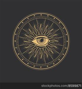Esoteric magic symbol, occult, mystic alchemy and astrology, vector tarot card. Esoteric symbol of sun and eye in sacred spiritual circle of moons, occult magic emblem or sacred geometry sign. Esoteric magic symbol, occult, mystic and alchemy