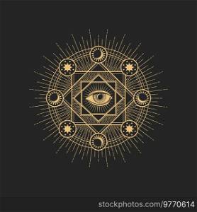 Esoteric occult symbol vector Eye of Providence inside of circle with star, sun, moon around. Spiritual mason sign or tarot cards symbol, isolated amulet, tattoo. Esoteric occult symbol vector Eye of Providence