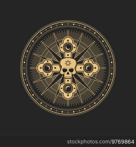 Esoteric occult vector symbol skull inside of powerful cross with moon crescents inside of circle with star rays. Alchemy sign, mystic mason or tarot symbolic, amulet or talisman, tattoo. Esoteric occult vector symbol skull inside cross