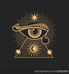 Esoteric symbol magic eye, occultism talisman, all seeing eye. Vector tattoo occult mason sign, providence all seeing eye, sun and moon, tarot pyramid. Esoteric symbol magic eye tattoo occult mason sign