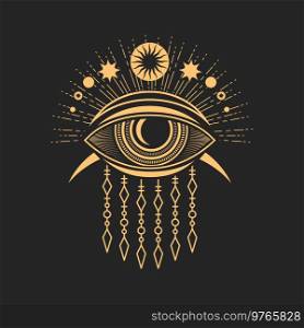 Esoteric symbol magic eye, tattoo occult mason sign. Vector providence all seeing eye, sun and moon tarot symbols. Occultism talisman, all seeing eye. Esoteric symbol magic eye tattoo occult mason sign