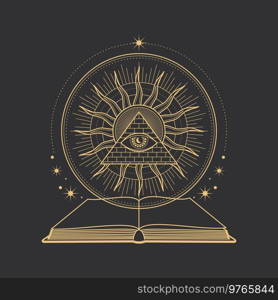 Esoteric tarot symbol, pyramid, eye and spell book in magic pentagram, vector occult sign. Occultism, alchemy and witchcraft symbol of sun and all seeing eye in Egypt pyramid with black magic book. Esoteric tarot symbol, pyramid, eye and spell book