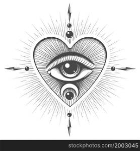 Esoteric Tattoo of All Seeing Eye with mystic symbols in Rays of Light. Vector illustration