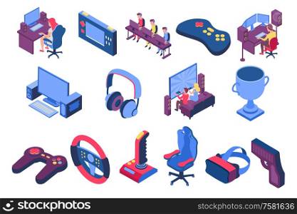 Esport isometric icons set with gamers and equipment for playing computer games 3d isolated on white background vector illustration